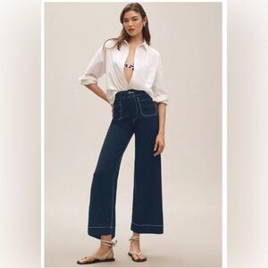 Anthropologie The Colette Contrast-Stitch Linen Crop Wide-Leg Pants